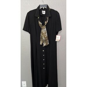 NWT  Leslie Fay Maxi Dress 12 Black Vintage Leopard Scarf and Buttons‎ Academia